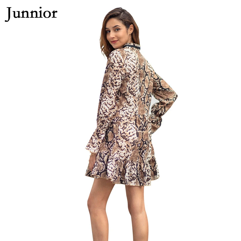 JUNNIOR Leopard Мини платье Для женщин пикантные платья с длинным рукавом v образным