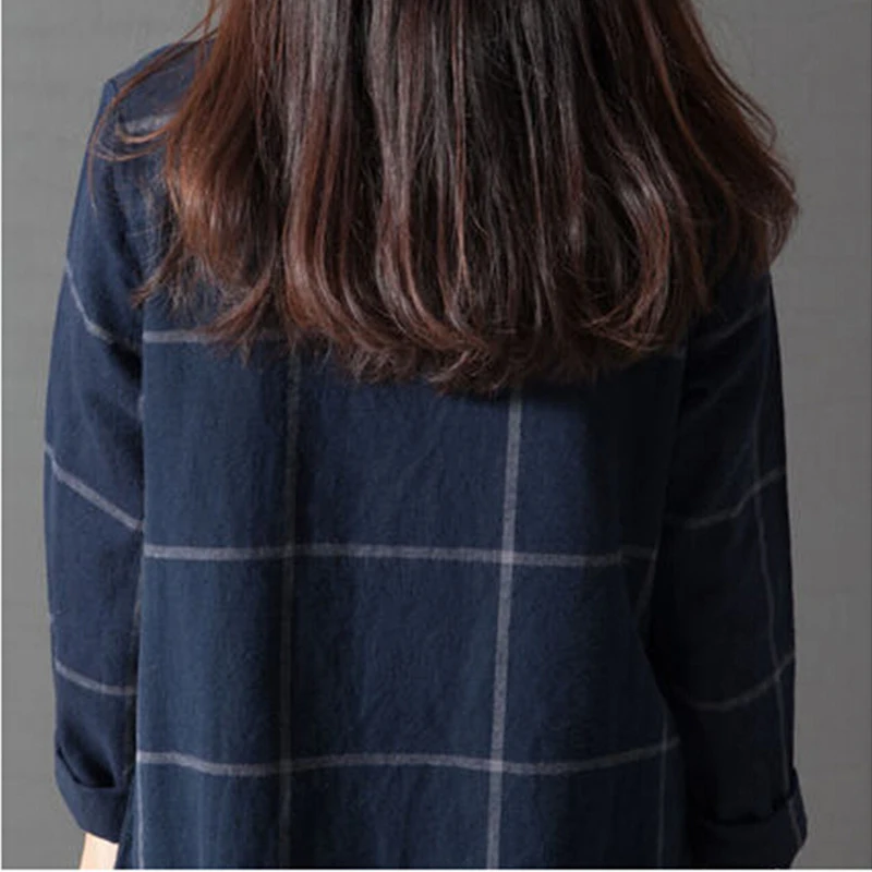 Женское платье с длинным рукавом NYFS винтажное свободное из хлопка и льна в клетку