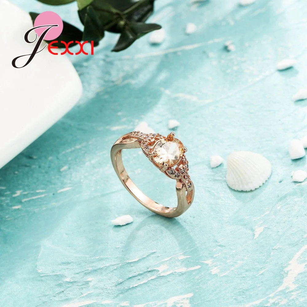 

Fashion Concise Classical Champagne CZ Crystal Micro Paved Women Wedding Ring Rose Gold Color Austrian Crystals Wholesale