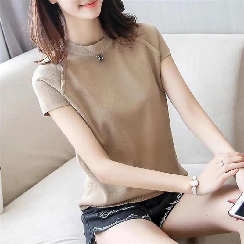 new fashion women short sleeve knitted summer sweater shirt female girls Office Lady o-neck pullover solid color All-match tops | Женская
