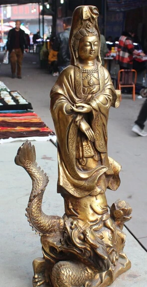 22 &quotКоролевская китайская Бронзовая позолота Дракон Кван-Инь Quan Yin Guan статуя