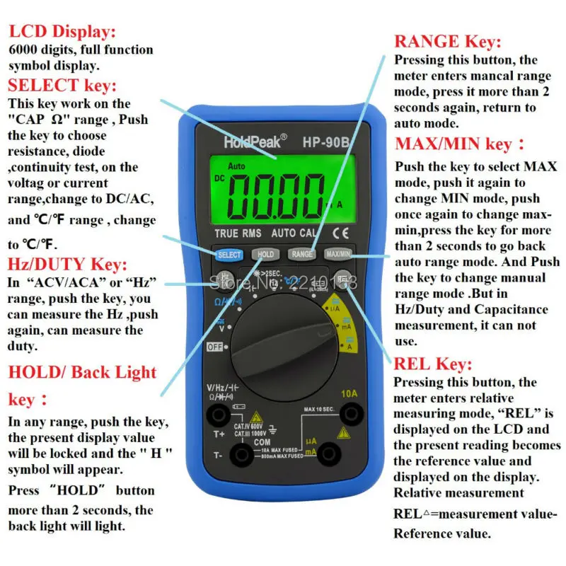 Цифровой мультиметр HoldPeak 90 Series True RMS Автоматический диапазон макс./мин тестер