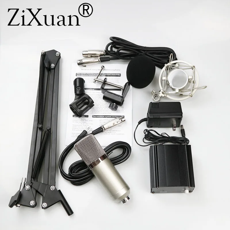 Condenser Microphone Kit Black 48V Phantom Power Supply XLR Cable for Home Studio Recording Boom Scissor Arm Stand | Электроника
