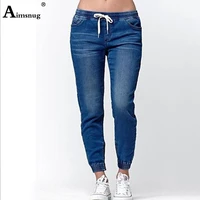plus size s 5xl summer women denim trousers ladies long pants overalls boyfriend jeans elastic waist lace up female jeans pants