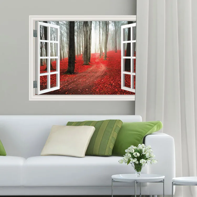 3D поддельные окна красные листья ПВХ наклейки на стену съемные леса Виниловые