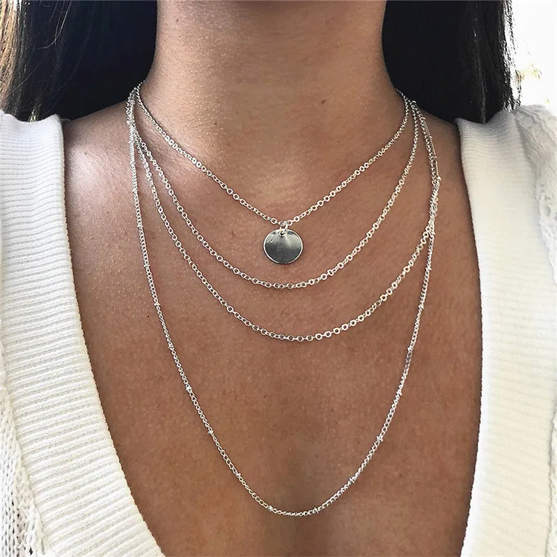 Женский чокер Золотая серебряная цепочка колье с монетой мода многослойная