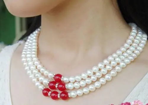 

FREE SHIPPING>>>@@ > Fashion 3Rows Natural 7-8mm White akoya cultured pearl & Red Beads necklace^^^@^Noble style Natural Fi