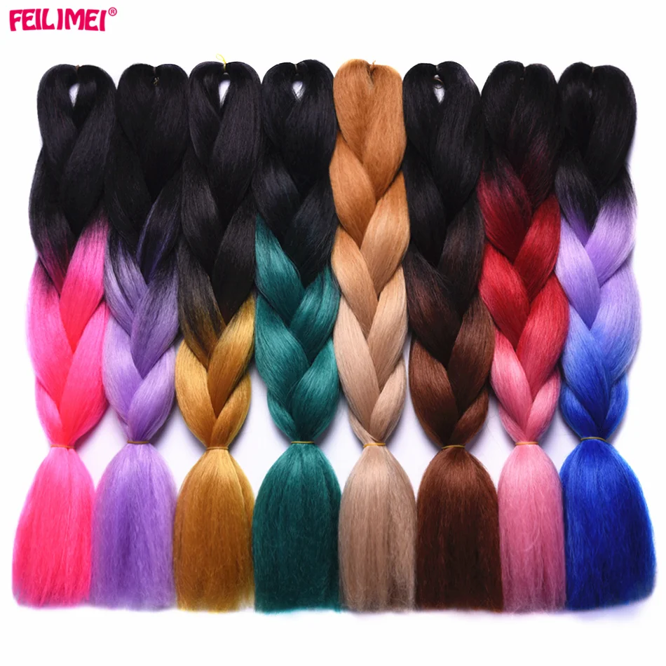 

Feilimei Ombre Braiding Hair Extensions 24Inch 100g Synthetic Jumbo Braids Blue/Green/Brown/Blonde/Gray/Pink/Purple Crochet Hair