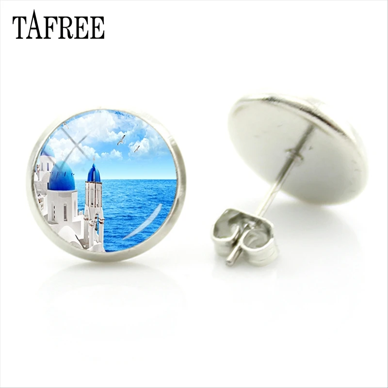 Круглые серьги-гвоздики TAFREE с островом Санторини греческий пейзаж серьги