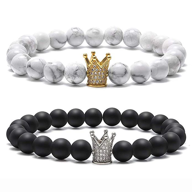 HIYONG 8 мм черный матовый белый Howlite Парные браслеты CZ Корона Король Королева натуральный камень Бусины Браслеты Шарм расстояние браслет
