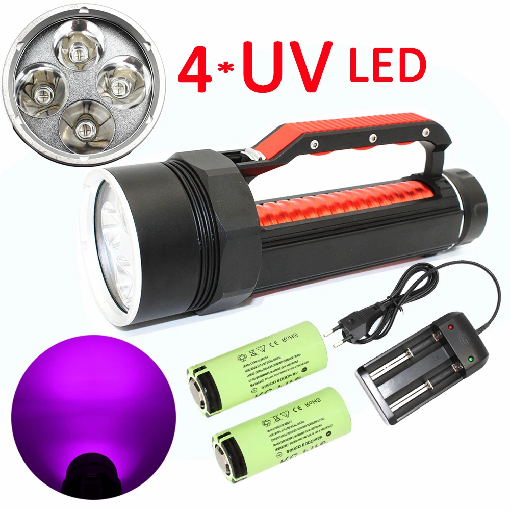 Underwater 4x UV LED Diving Flashlight Ultraviolet 395nm Purple Light Waterproof  Torch Lamp Linterna +2x 22650 Battery +Charger