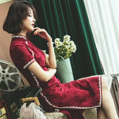 Винтаж короткий рукав леди девушка тонкий qipao Cheongsam платья - Цвет: Красный