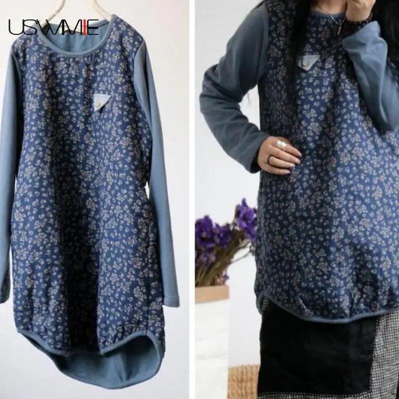 

USWMIE 2017 Winter T Shirt Women Art Vintage Hit Color Do Old Printing O-neck Long Sleeve Irregular Hem Keep Warm Bottoming Tops