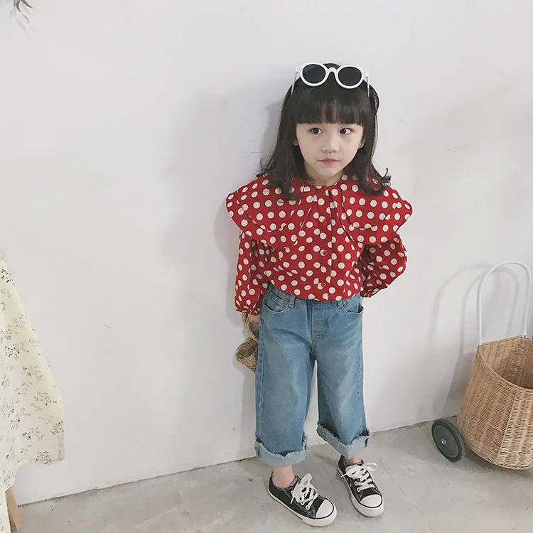 

Весеннее платье для маленьких девочек, блузка в горошек милые блузы с длинными рукавами для детей ясельного возраста, рубашка с двойными пл...