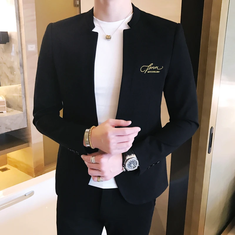 Мужской повседневный костюм с воротником стойкой приталенная рубашка в