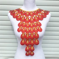 1pc red luxurious hot fix rhinestones african lace neckline collar iron on embroidery appliques for cloth accessories 34x43cm