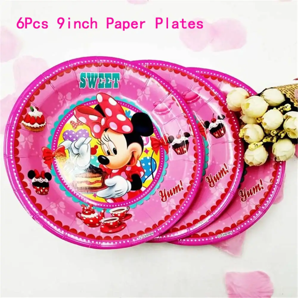 Plate 6pc Минни Маус с днем рождения Детские вечерние украшения салфетка для посуды тарелка чашки коробки скатерть баннер красный розовый подарочный набор - Цвет: Plate 6pc