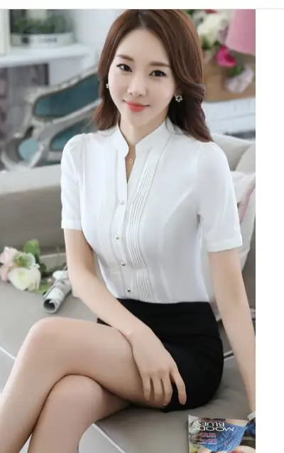 

Fashion V-Neck short sleeve slim women shirt OL Formal Business puff sleeve chiffon blouse office ladies plus size wor wear tops