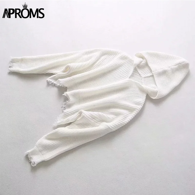Aproms белый вязаный свитер с капюшоном Для женщин Повседневное Кисточкой Свободные укороченные пуловер пикантные зима уличная перемычки тянуть Femme