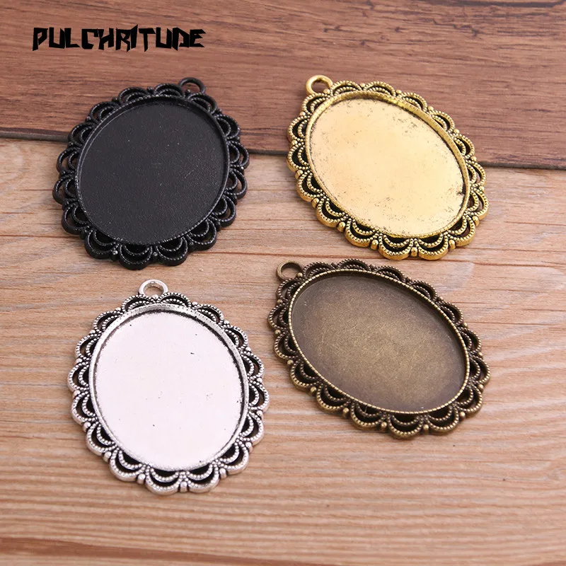 

2pcs 30*40mm Inner Size Four Color Metal Alloy Simple Oval Lacework Cabochon Pendant Setting Jewelry Findings