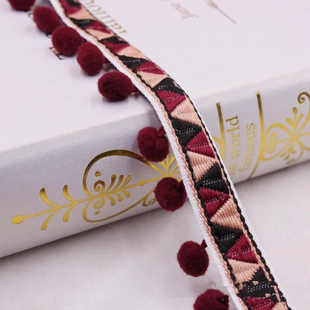 sj wine red Винтажная вышитая лента с помпонами и помпонами, лента с бахромой ручной работы, лента для шитья, аксессуары для самостоятельного украшения 1y - Цвет: sj wine red