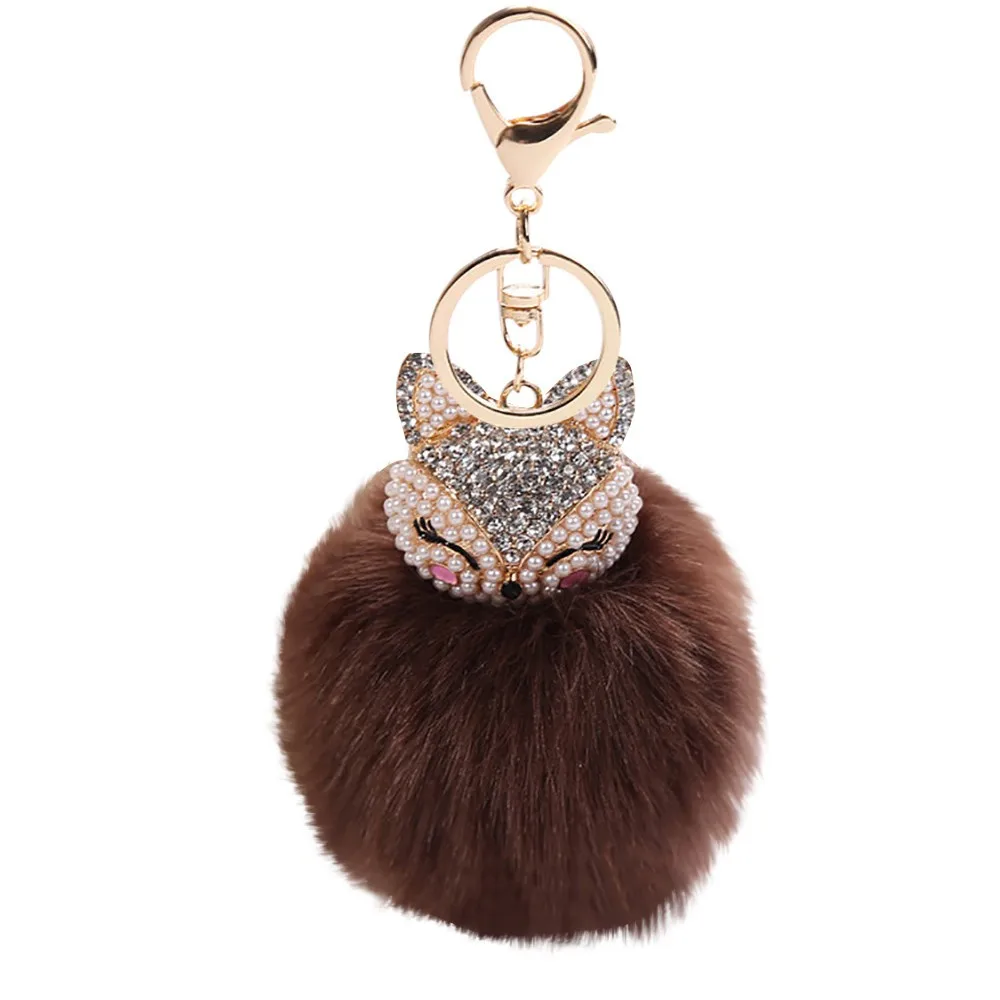 Faux Rabbit Fur Pompoms Keychain 8CM Fox Ball With Artificial Head Inlay Pearl Rhinestone Key Chains Trinket | Украшения и