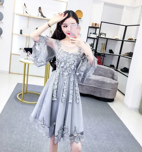 grey dress Korobov винтажное кружевное платье трапециевидной формы с цветочной аппликацией женское Сетчатое лоскутное тонкое летнее платье с круглым вырезом и расклешенными рукавами Vestidos 77548 - Цвет: grey dress
