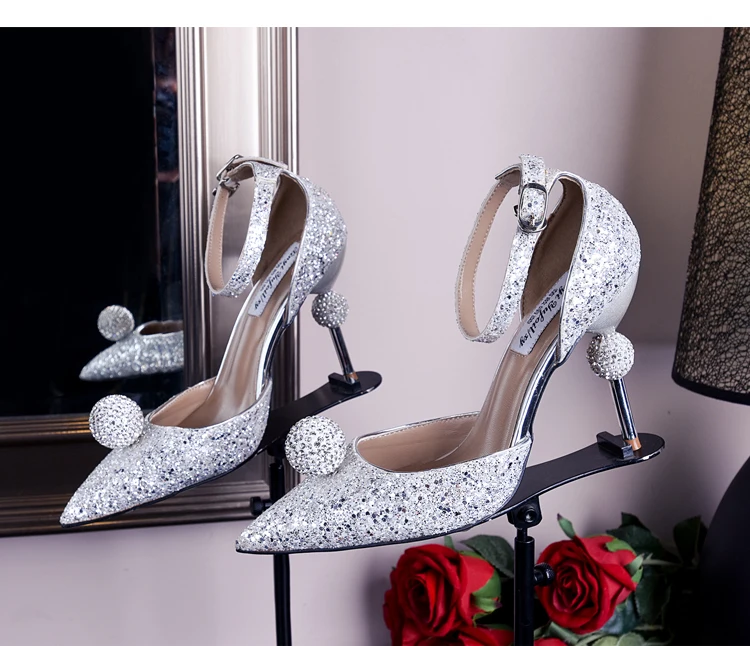 Новинка свадебные туфли на шпильке с блестками серебристые высоком каблуке для