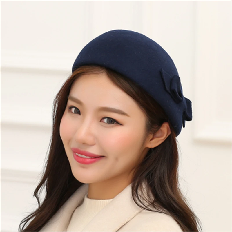 

Winter Hat for Women British hat Warm retro Wool Beret Winter Cap Ladies Beanies Church Hats Cloche Bonnet Femme Fedoras bowknot