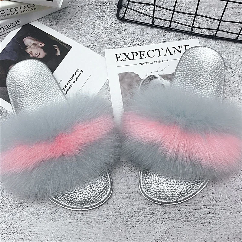 grey pink Женские меховые тапочки из натурального меха енота лисы меховые Тапочки s пляжные шлепанцы модный стиль пушистые шлепанцы мягкие теплые большие пушистые Меховые Туфли - Цвет: grey pink