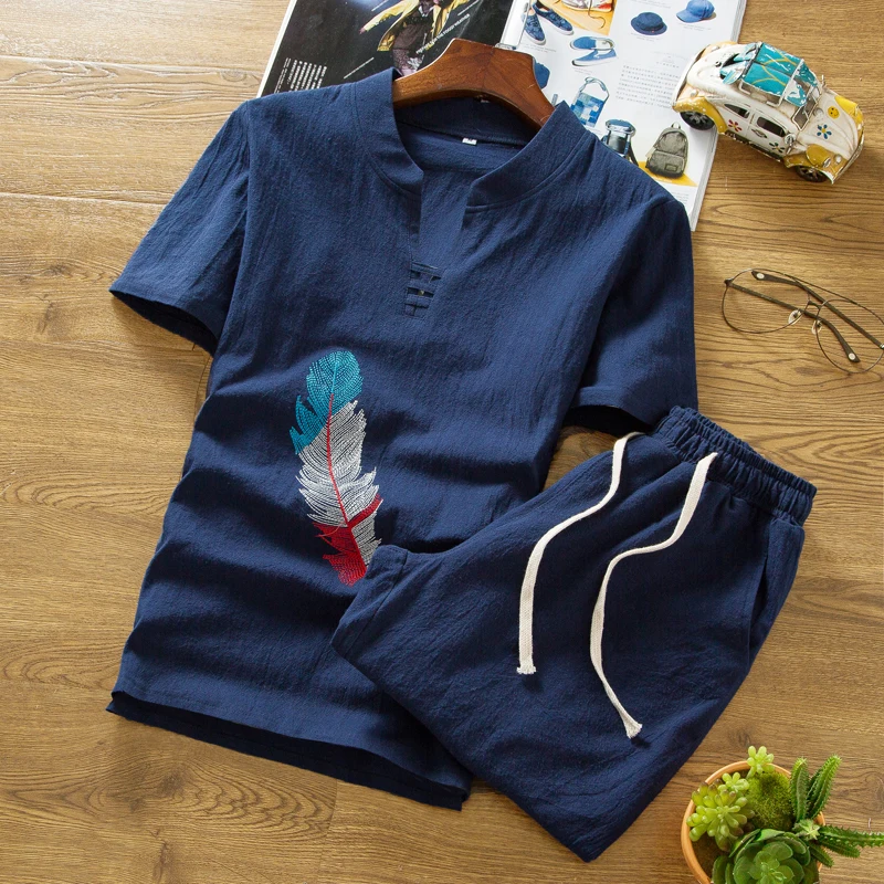 Мужские летние облегающие костюмы Sinicism из хлопка и льна для отдыха футболки с