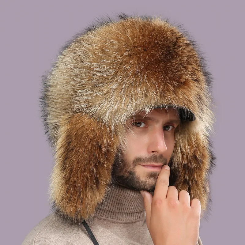 

New Winter Russia women Men boy girl natural real full genuine raccoon warm fox Whole fur hat ear Earmuff Bomber pompom Hats cap