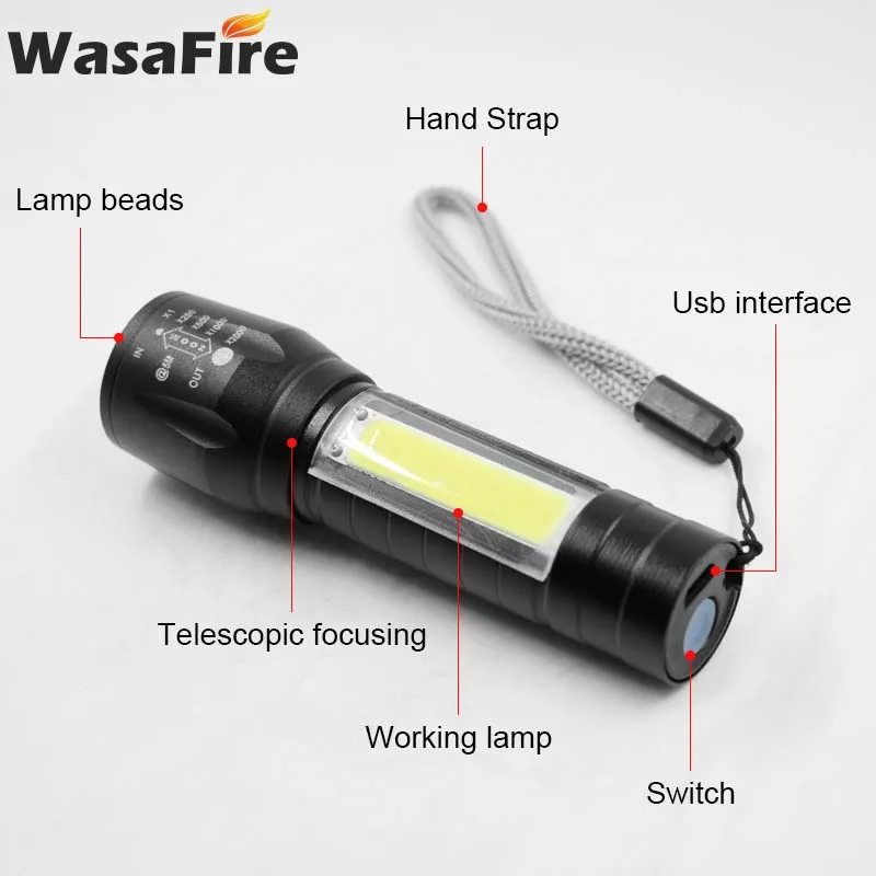 Мини фонарик Wasafire Q5 & Cob светодиодный масштабируемый алюминиевый с 3 режимами