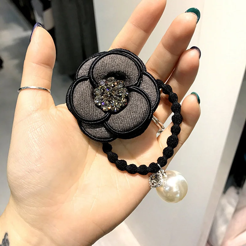 Chic camellia hair ties crystal flower ring/rope pearl pendant elastic band rubber women fashion accessories |