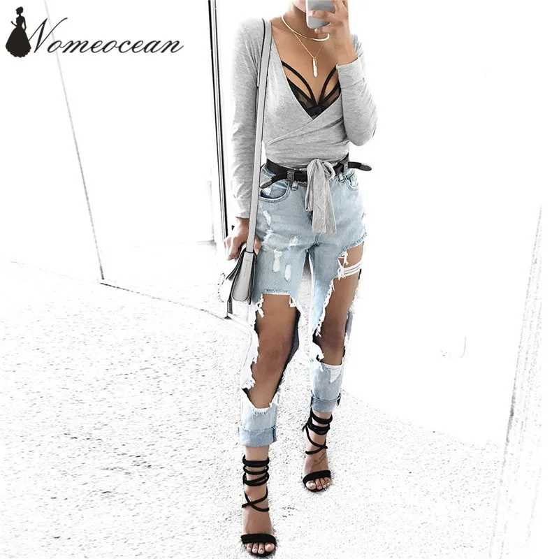 Crossed V-neck Crop Tops Casual T-shirt 2017 Autumn Long Sleeve With Finger Holes Basic Tee Short Women M17111414 | Женская одежда