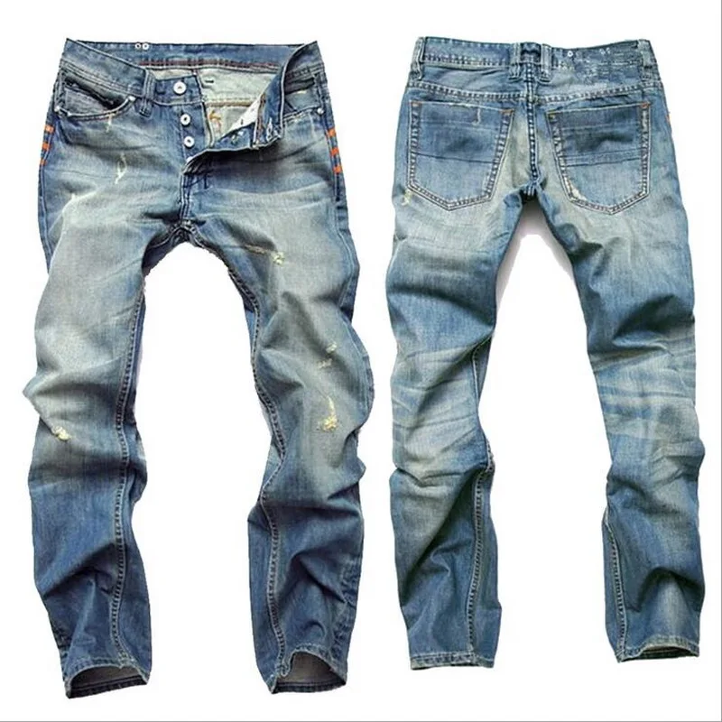Men's Jeans Stretch Denim Pants Trousers Classic Cowboys Pants Hole Jeans Light Blue Straight Slim Button Men Jeans