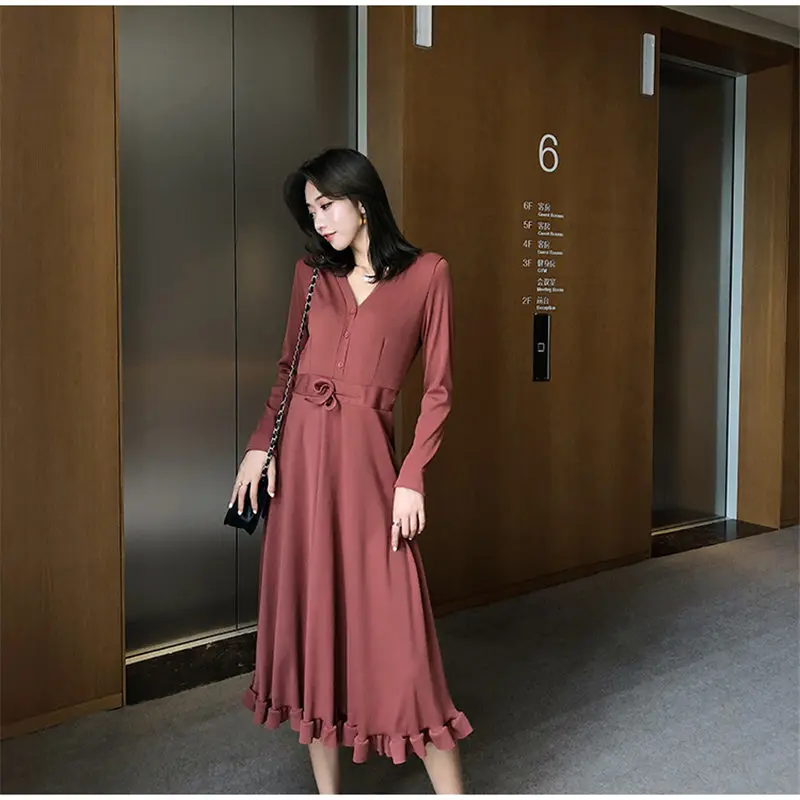 

HziriP 2018 Autumn Women Elegant Stylish Comfortable High Waist Solid V-Neck Empire High Quality Mid-Calf Office Ladies Dresses
