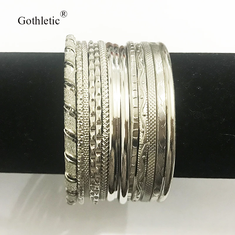 Gothletic 12-20 шт/партия Родиевые цвета текстуры металлические браслеты и браслеты многослойный браслет в индийском стиле набор женские модные ювелирные изделия