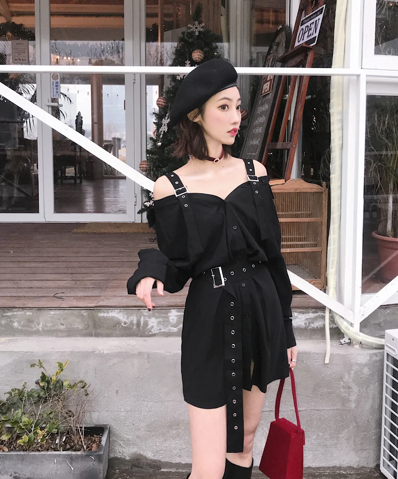 Осеннее винтажное жесткое черное платье на подтяжках для женщин Harajuku готическое корейское сексуальное платье-рубашка с открытыми плечами женские платья в стиле панк