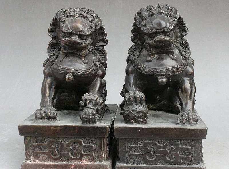 Китайская Народная Фэн Шуй Бронзовый Guardion Foo Фу Собака Лев Бал Зверь Статуя