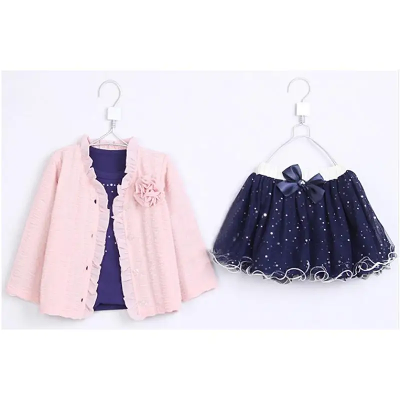 Spring Baby Girls Clothing Sets 3 Pieces Suit Flower Coat + Blue T Shirt Skirt Clothes | Детская одежда и обувь