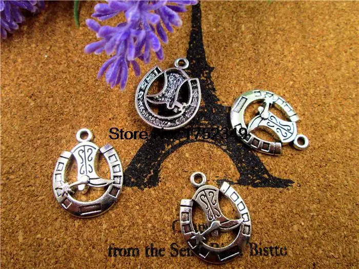 

15pcs--Cowboy Charms, Antique Tibetan Silver Cowboy Boot and Horseshoe charm pendants 19x24mm