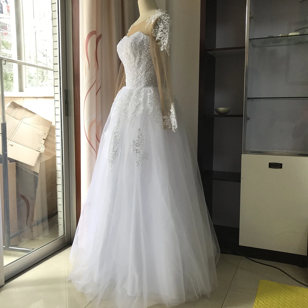 Fansmile, длинный рукав, Vestido De Noiva, кружевные платья, свадебные платья, на заказ, размера плюс, свадебные тюлевые FSM-538F