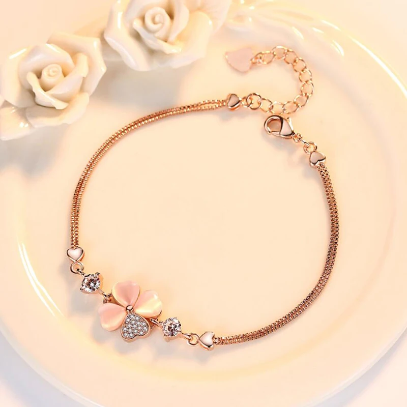 KOFSAC New Fashion 925 Silver Bracelets For Women Luxury Crystal CZ Sweet Love Heart Four Clover Bangle Valentine's Day Jewelry |