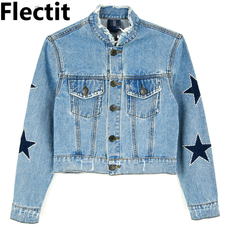 Женская укороченная джинсовая куртка Flectit со звездами в уличном стиле Облегающая