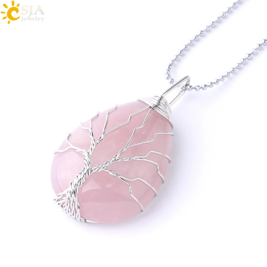Rose Quartz Chain B CSJA Дерево жизни ожерелье натуральный камень кулон золотой цвет проволока обертывание драгоценный камень розовый с кварцевым тигровым глазом зеленый авантюрин подвеска E585 - Окраска металла: Rose Quartz Chain B