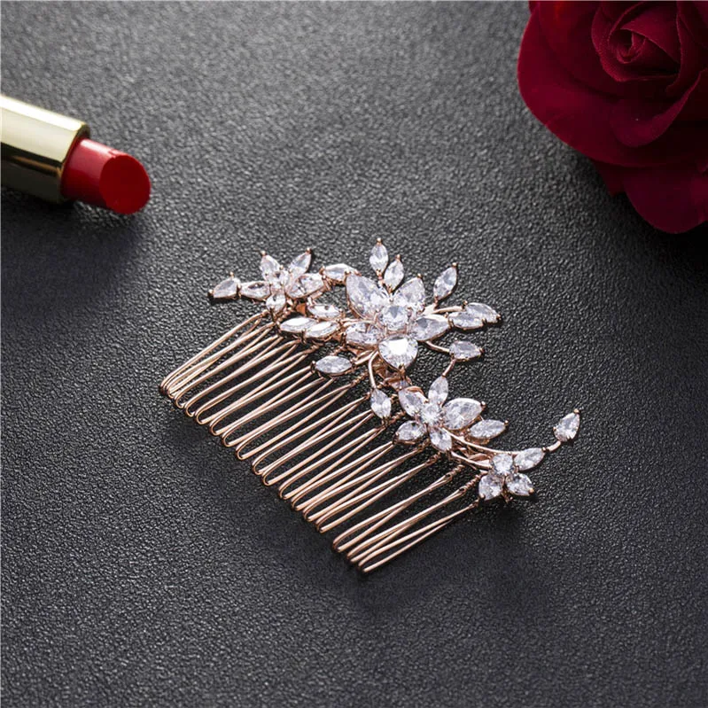 Rose Gold Small SLBRIDAL высокое качество зубец Установка кольцо с фианитом свадебные расческа для волос Свадебные CZ Аксессуары для головных уборов женские ювелирные изделия - Окраска металла: Rose Gold Small