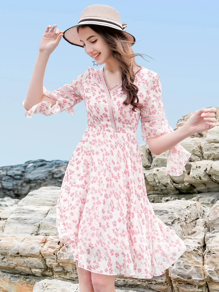 

Chiffon Dress 2019 New Summer Floral Mid-length Pink V-neck Half Sleeve Slim Fresh Party Beach Dresses Womens Summer Tunics
