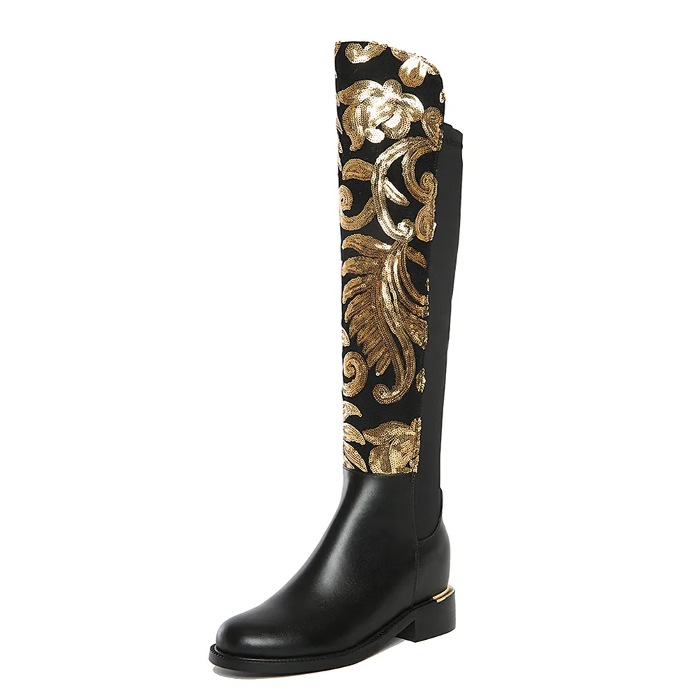 SARAIRIS New Fashion Genuine Leather Bling Zip Increasing Wide Low Heels Shoes Woman Casual Party Winter Spring Knee High Boots - Цвет: Черный