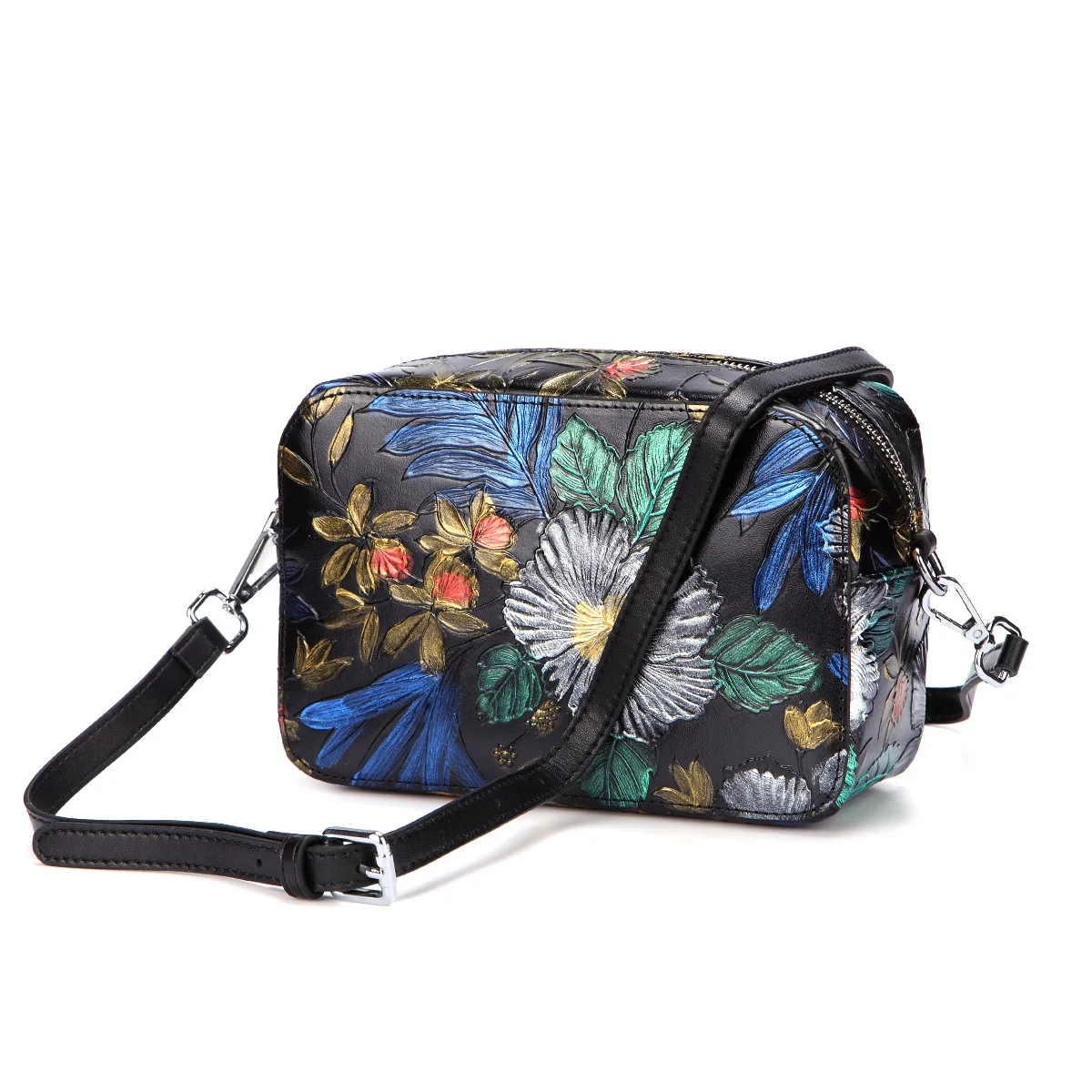

Genuine Leather Women Embossed Cross body Shoulder Bags National Style Floral Ladies Leisure Female Sling Messenger Bag